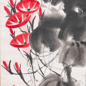 Qi Baishi (1864 - 1957), inkt en kleur op papier, als scroll gemonteerd: 'Klimmende winde' — foto 5
