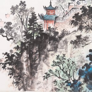 Qian Songyan 錢松嵒 (1899-1986) : 'Paysage aux bâtiments modernes', encre et couleurs sur papier, daté 1974 — photo 6