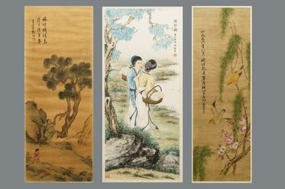Qiu Qiyun, He Dunren, Chen Shoumei (Chine, 20ème): trois oeuvres encadrées, encre et couleurs sur papier