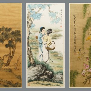 Qiu Qiyun, He Dunren, Chen Shoumei (Chine, 20ème): trois oeuvres encadrées, encre et couleurs sur papier — photo 1