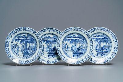 Quatre assiettes en porcelaine de Chine bleu et blanc à décor de 'La Romance de la chambre de l'ouest', Yongzheng