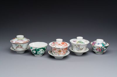 Quatre bols couverts en porcelaine de Chine famille rose, trois avec soucoupes et un bol à décor de dragon, signés Wang Darong 王大榕, 19/20ème