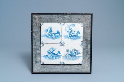 Quatre carreaux en faïence de Delft en bleu et blanc à décor de monstres marins, 17ème