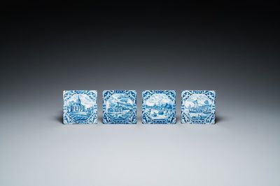 Quatre carreaux en faïence de Delft en bleu et blanc ornés d'angelots dans les coins, 18ème