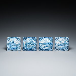 Quatre carreaux en faïence de Delft en bleu et blanc ornés d'angelots dans les coins, 18ème — photo 1