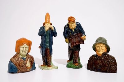 Quatre figures en poterie flamande d'une paire de pêcheurs et deux musiciens, prob. ateliers de Laignel, 19/20ème
