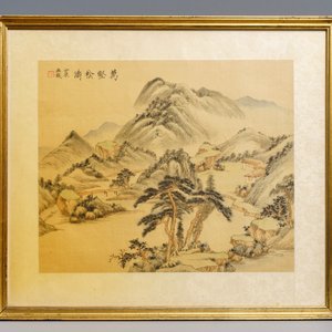 Quatre peintures encadrées de paysages montagnards, encre et couleurs sur soie, Chine, 20ème — photo 5