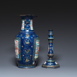 Quatre pièces en émaux de Canton à fond bleu, Chine, Qianlong/Jiaqing — photo 3