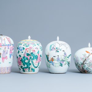 Quatre pots couverts en porcelaine de Chine qianjiang cai et famille rose, 19/20ème — photo 2