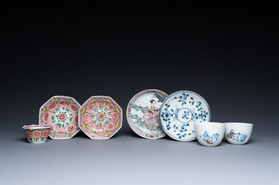 Quatre soucoupes et trois tasses en porcelaine de Chine en bleu et blanc, doucai et famille rose, Kangxi et postérieur