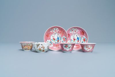 Quatre tasses et deux soucoupes en porcelaine de Chine famille rose, Yongzheng/Qianlong