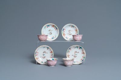 Quatre tasses et soucoupes en porcelaine de Chine famille rose à décor d'écureuils, Yongzheng