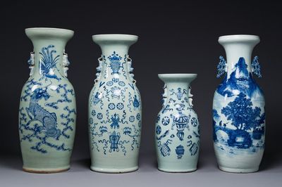 Quatre vases en porcelaine de Chine en bleu et blanc sur fond céladon, 19ème
