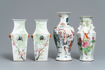 Quatre vases en porcelaine de Chine qianjiang cai et famille rose, 19ème