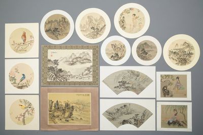 Quinze dessins d'éventails et illustrations à l'encre de Chine et polychromie, 20ème