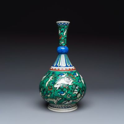 A Samson Iznik-style green-ground bottle vase with animals, France, 19th C.
