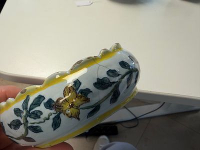 A pair of polychrome Dutch Delft butter tubs and covers in the shape of swans — photo 1
