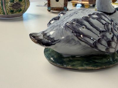 A pair of polychrome Dutch Delft butter tubs and covers in the shape of swans — photo 6