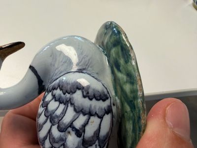 A pair of polychrome Dutch Delft butter tubs and covers in the shape of swans — photo 8