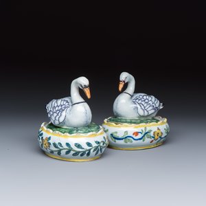 A pair of polychrome Dutch Delft butter tubs and covers in the shape of swans — photo 1
