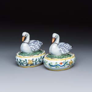 A pair of polychrome Dutch Delft butter tubs and covers in the shape of swans — photo 2