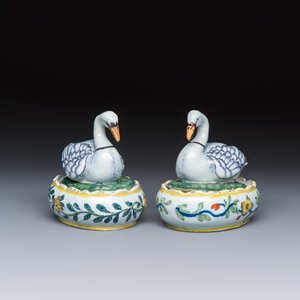 A pair of polychrome Dutch Delft butter tubs and covers in the shape of swans — photo 3