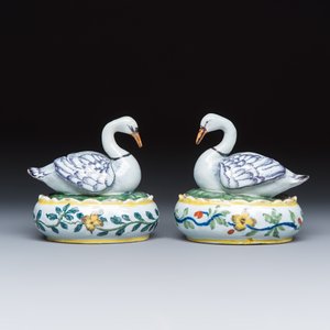 A pair of polychrome Dutch Delft butter tubs and covers in the shape of swans — photo 4