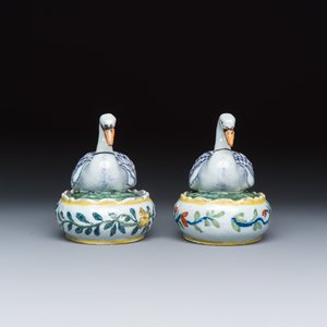 A pair of polychrome Dutch Delft butter tubs and covers in the shape of swans — photo 5