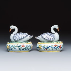 A pair of polychrome Dutch Delft butter tubs and covers in the shape of swans — photo 6