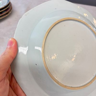 A pair of octagonal Chinese famille rose plates with a boat on a river — photo 9