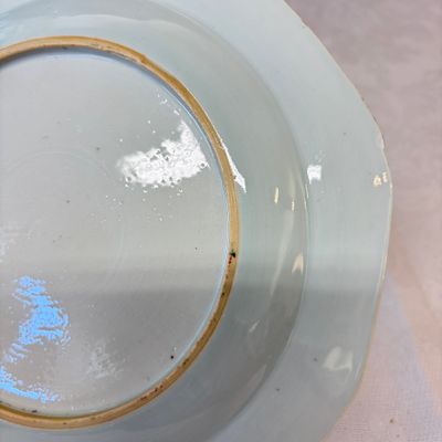 A pair of octagonal Chinese famille rose plates with a boat on a river — photo 10