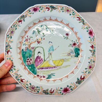 A pair of octagonal Chinese famille rose plates with a boat on a river — photo 12