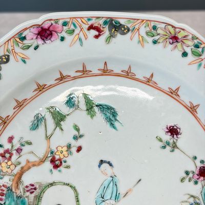 A pair of octagonal Chinese famille rose plates with a boat on a river — photo 13