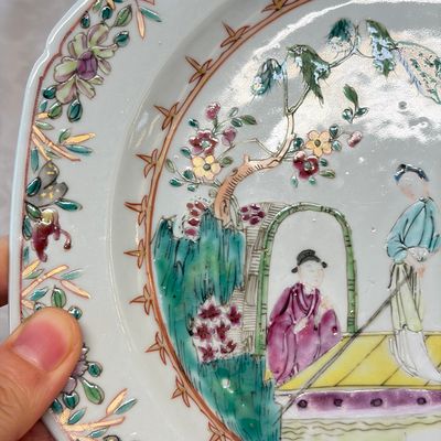 A pair of octagonal Chinese famille rose plates with a boat on a river — photo 14