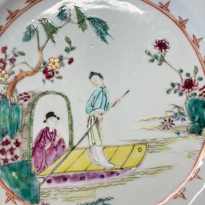 A pair of octagonal Chinese famille rose plates with a boat on a river — photo 15