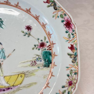 A pair of octagonal Chinese famille rose plates with a boat on a river — photo 16