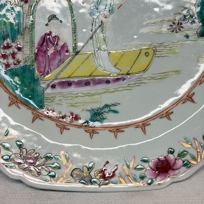 A pair of octagonal Chinese famille rose plates with a boat on a river — photo 17