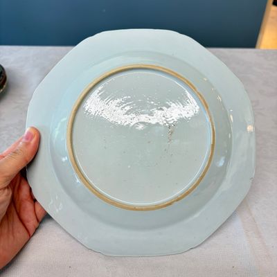 A pair of octagonal Chinese famille rose plates with a boat on a river — photo 18