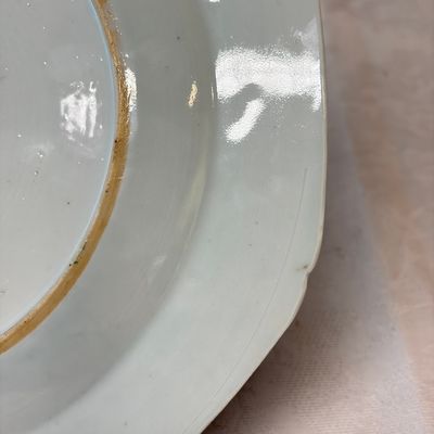 A pair of octagonal Chinese famille rose plates with a boat on a river — photo 22
