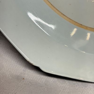 A pair of octagonal Chinese famille rose plates with a boat on a river — photo 23