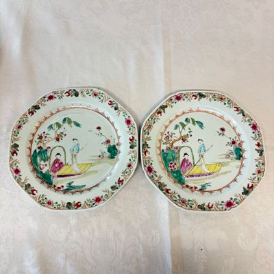 A pair of octagonal Chinese famille rose plates with a boat on a river — photo 1