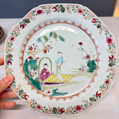A pair of octagonal Chinese famille rose plates with a boat on a river — photo 2