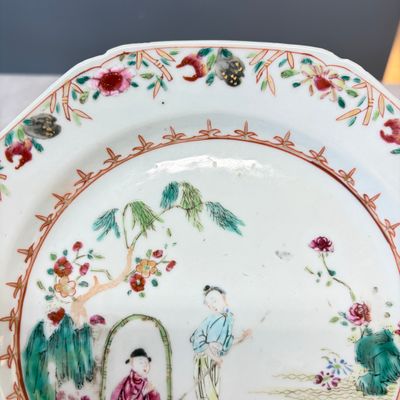 A pair of octagonal Chinese famille rose plates with a boat on a river — photo 3