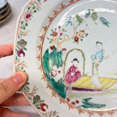 A pair of octagonal Chinese famille rose plates with a boat on a river — photo 4
