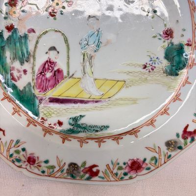 A pair of octagonal Chinese famille rose plates with a boat on a river — photo 5