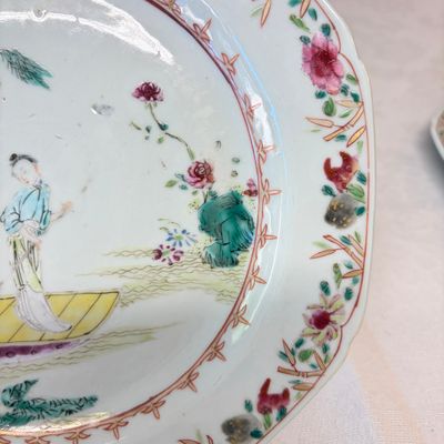 A pair of octagonal Chinese famille rose plates with a boat on a river — photo 6