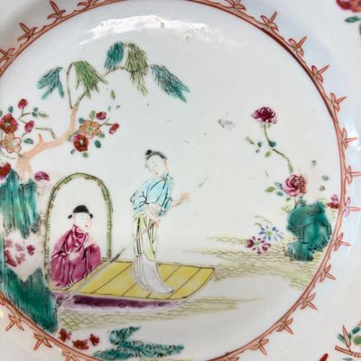 A pair of octagonal Chinese famille rose plates with a boat on a river — photo 7