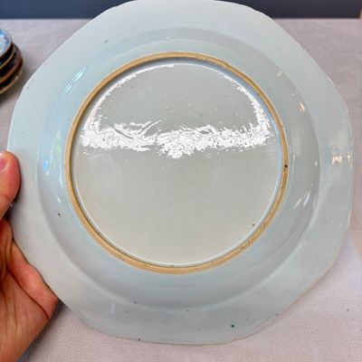 A pair of octagonal Chinese famille rose plates with a boat on a river — photo 8