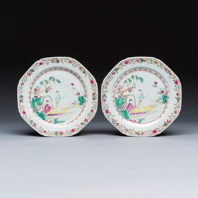 A pair of octagonal Chinese famille rose plates with a boat on a river, Qianlong