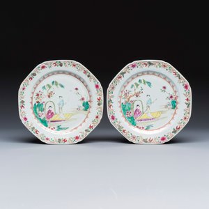 A pair of octagonal Chinese famille rose plates with a boat on a river — photo 1